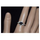 Sterling Ring w/ Black Pearl & Clear Stones  7-1/4
