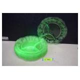 Seven Uranium Divided Dinner Plates