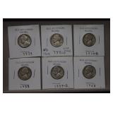 (6) Jefferson Nickels 1939 to 1960 Mix**