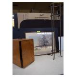 Wood Box, Iron Plant Stand & Watercolor Print