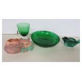 Vtg. Green Glassware and a Green Eyed Cat Planter