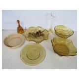Eight Amber Glass Bowls, Bell, Vase, Grapes, Plate