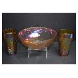 Carnival Glass Bowl & Two Carnival Glass Glasses