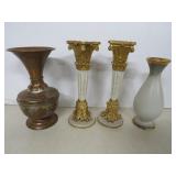 Etched Copper Vase, Candlesticks and Vase