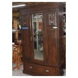 Antique Wooden Wardrobe, Beveled Mirror, Hooks &