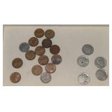 (15) Wheat Pennies, (4)No Date Buffalo Nickels &