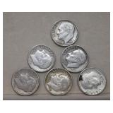 Six Roosevelt Silver Dimes 1960D to 1964 Mix