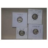 Four Mercury Silver Dimes  1942, 43, 44 & 44-S