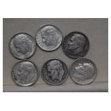 Six Roosevelt Silver Dimes  1950-D to 1964-D