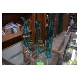 Turquoise Decanter & Wine Goblets & Two Vases