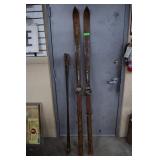 Vintage Snow Skis w/Tree Branch Poles