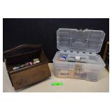 Two Sewing Baskets. One Vintage Wood w/Notions