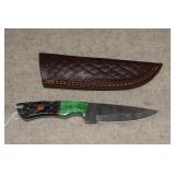 Damascus Style Fixed Blade, Green/Blue Handle w/