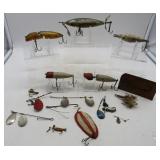 Four Vtg. Wooden Lures, Spoons and Tackle