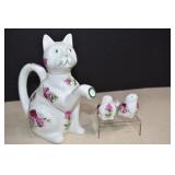 Vtg. Fine Bone China Cat Teapot & Bird S&P Shakers