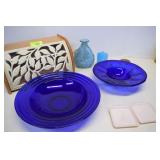 Bread Box, Cobalt Blue Bowls & Blue Glass Vase