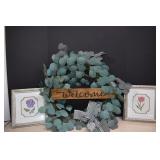 Welcome Wreath and Two Framed Flower Prints