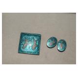 Sterling Niello Siam Broach & Vtg Clip Earrings
