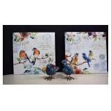Canvas Bird Prints and Two Ceramic Blue Birds