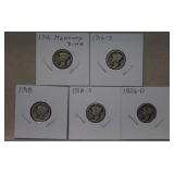 (5) Mercury Silver Dimes  1916 to 1926D Mix