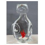 Vtg. Clear Art Glass Cat with Fish Inside - 6.5'