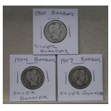 1900, 1904 & 1907 Barber Silver Quarters