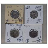 (4) Shield Nickels  1867, 1868, 1869 & 1872