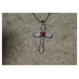 Silver Color Chain & Cross w/ Sapphire Pend