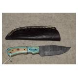 Blue/Tan Handle Damscus Style Fixed Blade Knife &