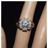 Sterling Flower Ring w/ Clear Stones   Sz 6
