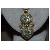 Brass Pendant w/ Turquoise & Coral Chips & Chain