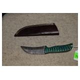 Green/Blue Damascus Style Curved Blade Knife w/