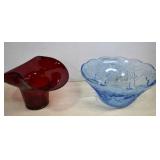 Large Blue Bowl & Ruby Red Basket (Missing Handle)