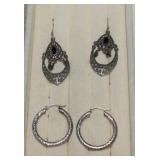 Sterling Onyx Dangle Earrings & Silver Color Hoops