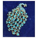 Lovely Blue Rhinestone Peacock Brooch