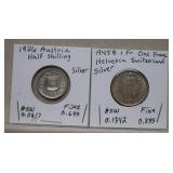 1926 Austria 1/2 Shilling&1945B Switzerland Franc*