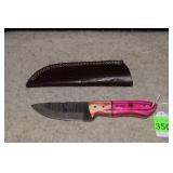 Pink Handle Damascus Fixed Blade Knife w/Leather