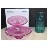 Large Vtg. Blue Ball Jar & New Pink Footed Cake