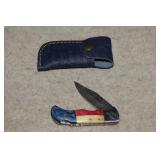 Red, White & Blue Handle Damascus Style Pocket