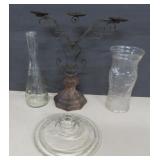 Candlestand, 2 Vases and an 9' Glass Pot Lid