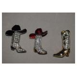 Three Western Boot Brooches w/ Rhinestones