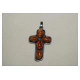 Silver Color Cross Pendant w/ Amber Stones