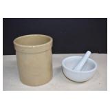 Porcelain Mortar and Pestle & Vintage Crock