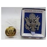 Two Vintage US Military Visor Hat Metal Insignias