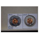 1945 Wheat Penny in Victory Token & 1953D in Lucky