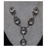 Silver Color Necklace w/ Drop Pendant&Clear Stones