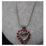 Sterling Chain & Heart Necklace w/ Red Stones