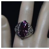 Silver Color Filigree Ring w/ Purple Stone