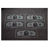 (5) $2 Unc. 2017A Consecutive Fed Reserve  Green