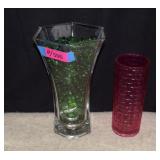 Clear Vase w/Green Glass Beads and Pink Vase